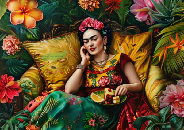 Frida Kahlo: Frida mit einer Platte voller Leckereien